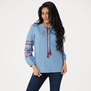 BROOKE SHIELDS Timeless Denim Peasent Top